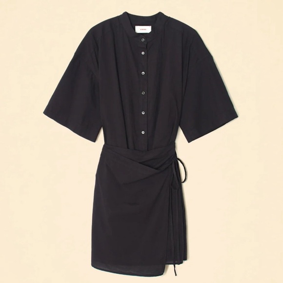 XiRENA Agnes Black Button-Up Mini Dress Small 100% cotton short sleeve boxy wrap - Picture 1 of 13